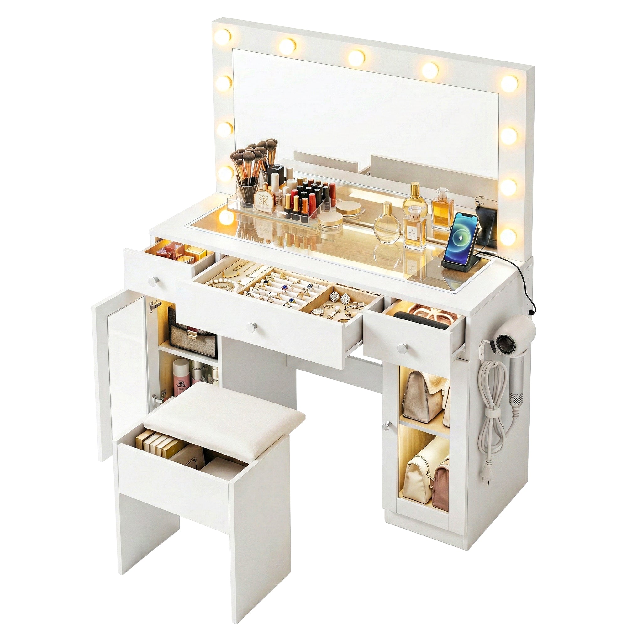 Artiss Dressing Table Vanity Desk Set LED Bulbs RGB Light White Bedworld