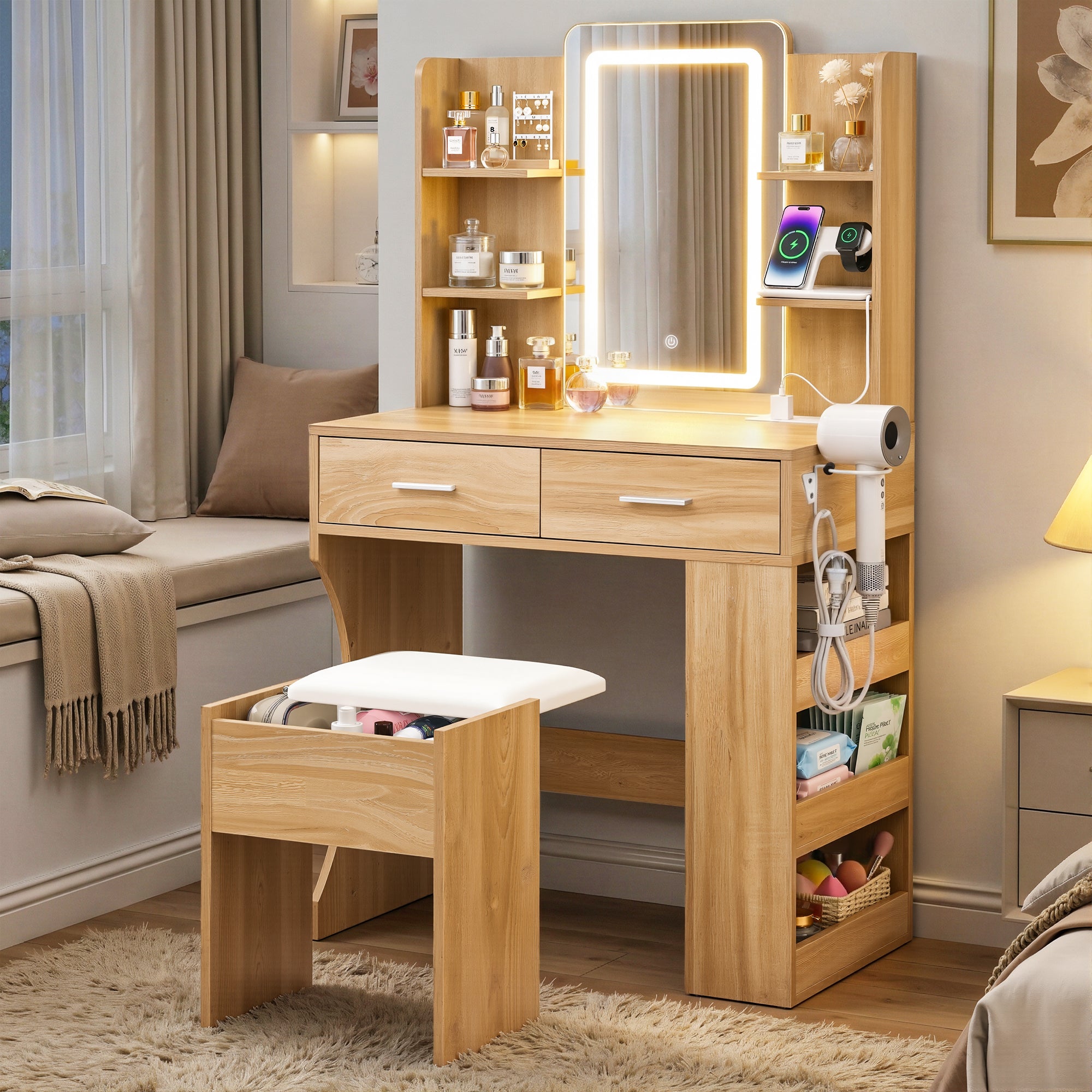 Artiss Dressing Table LED Vanity Desk Set Stool Wood Bedworld