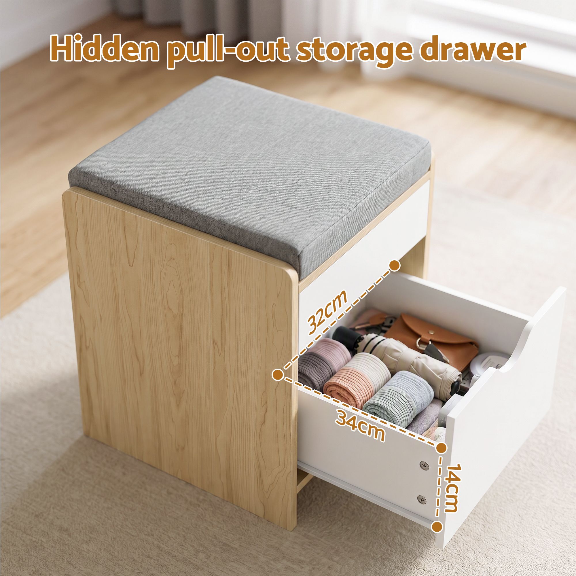 Artiss Storage Ottoman with Drawer 100kg Capacity Footrest Cushion Pine Bedworld