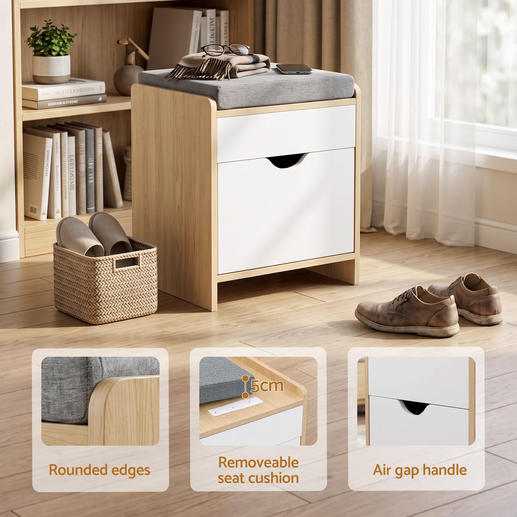 Artiss Storage Ottoman with Drawer 100kg Capacity Footrest Cushion Pine Bedworld