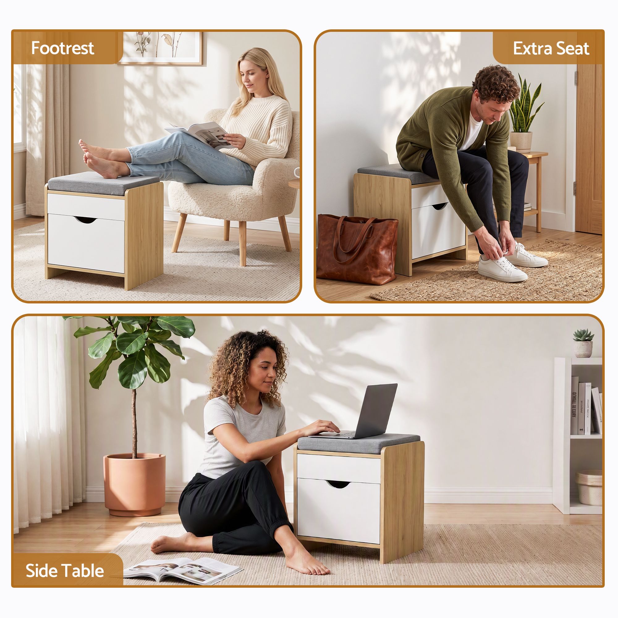 Artiss Storage Ottoman with Drawer 100kg Capacity Footrest Cushion Pine Bedworld
