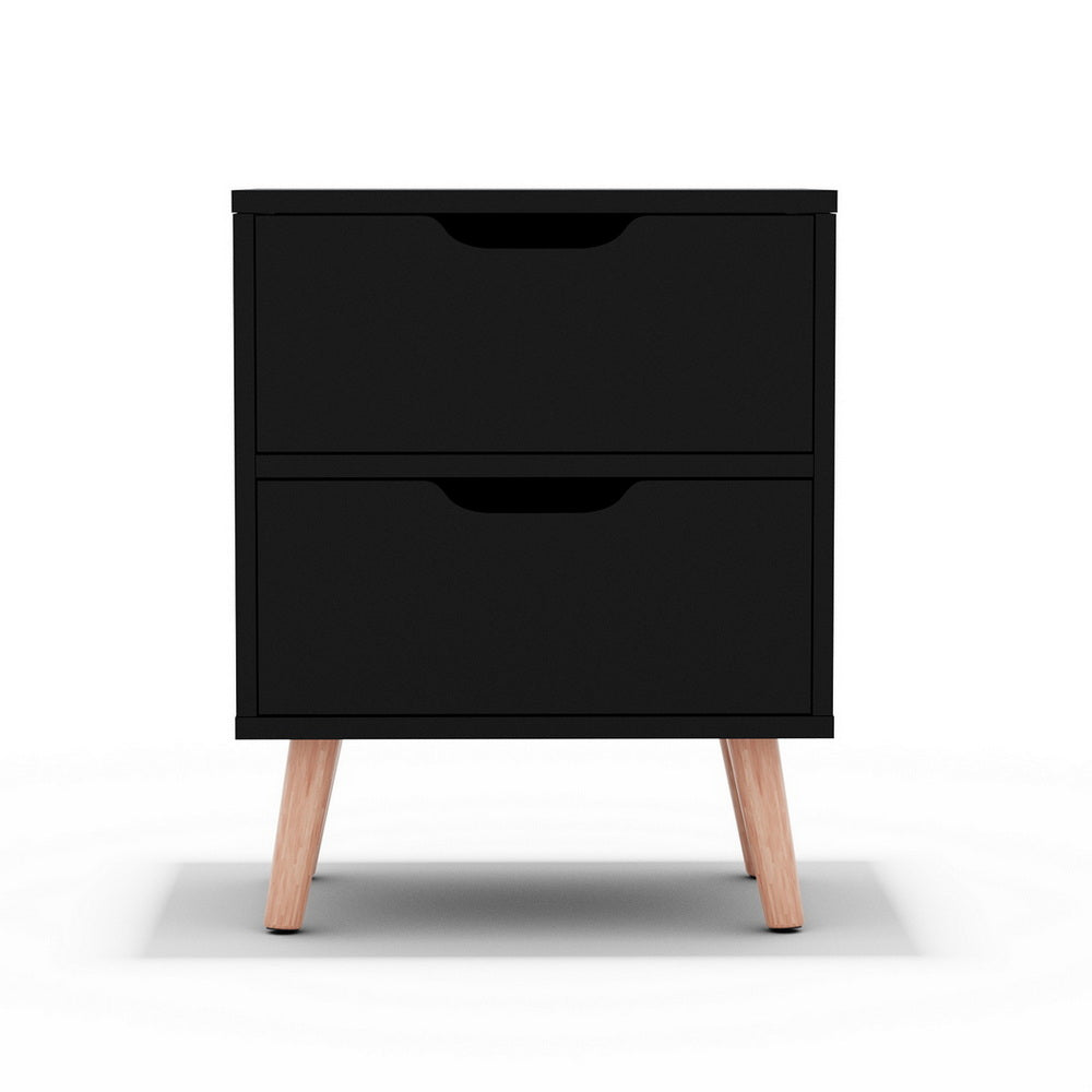 Black bedside table with 2 drawers and light wooden legs