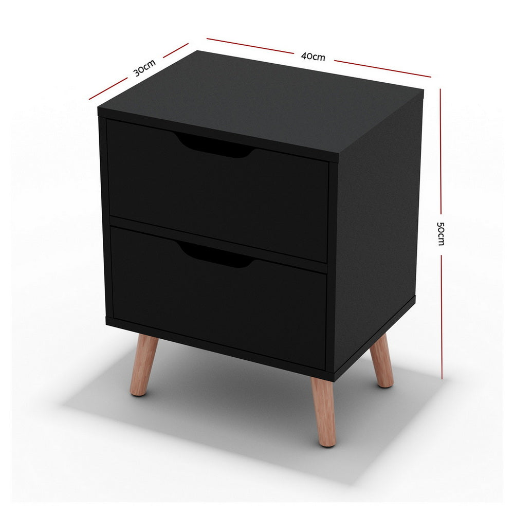 Black bedside table with 2 drawers and tapered wooden legs