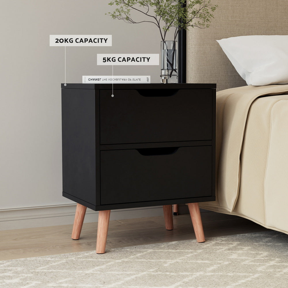 Black bedside table with 2 drawers and beech-style wooden legs