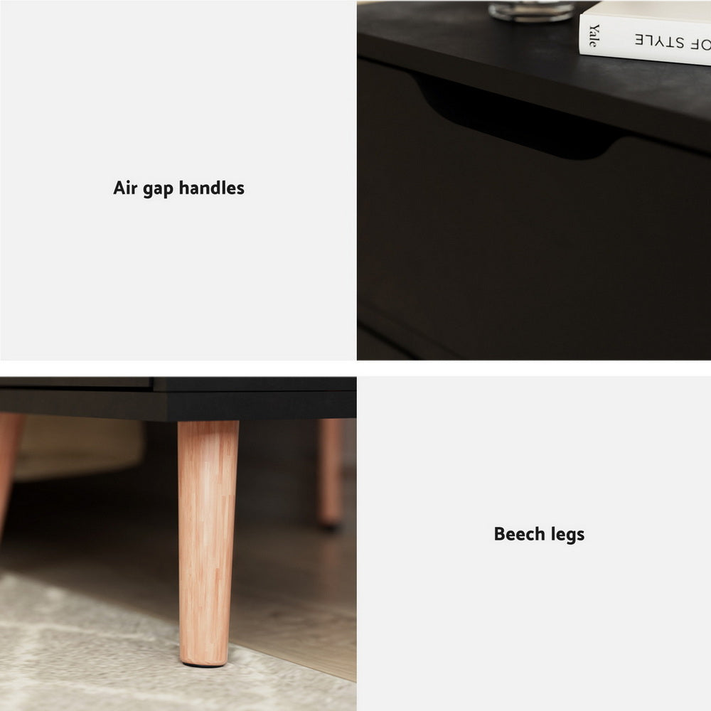 Black bedside table with drawer handle detail and beech legs