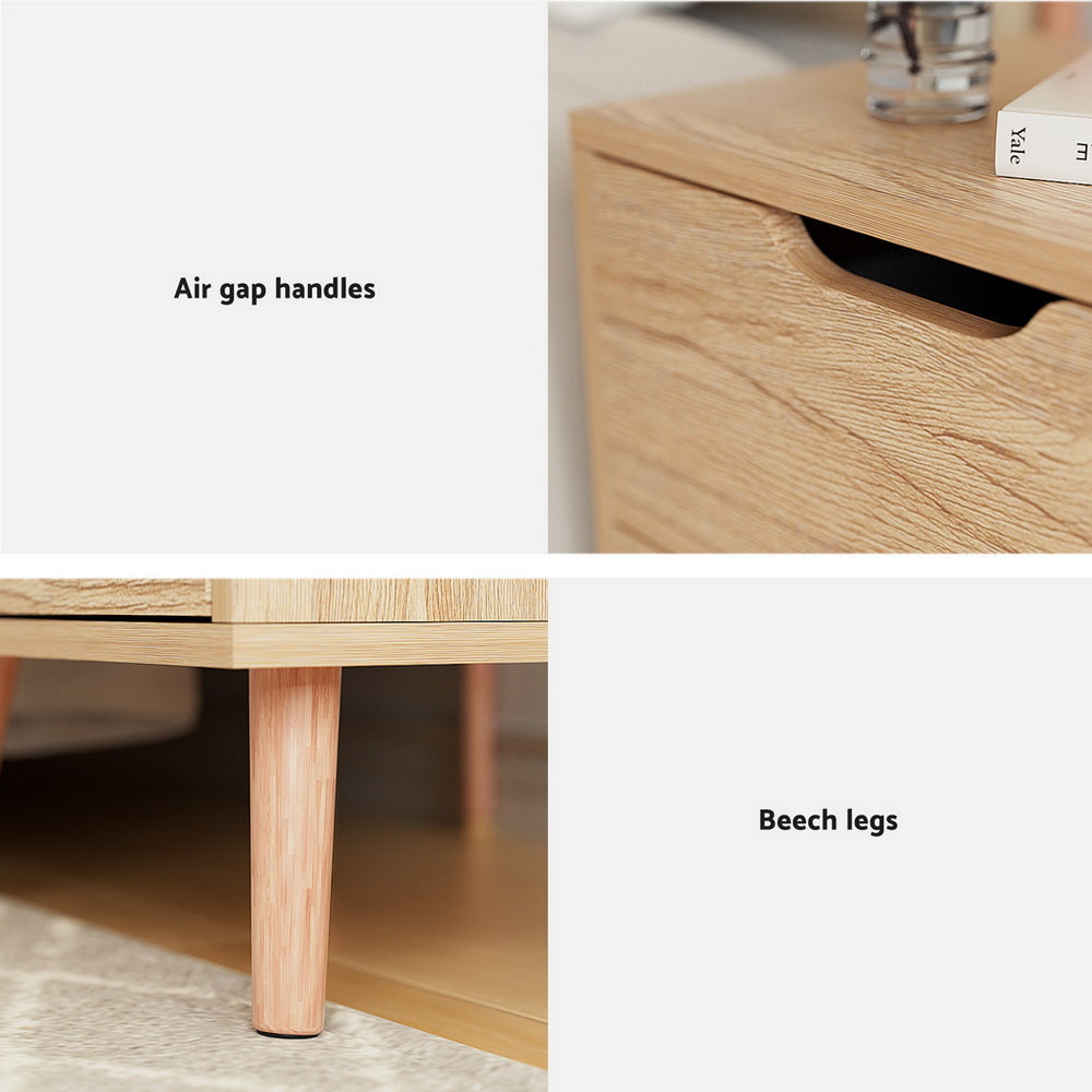 Light pine bedside table details: air-gap drawer handle cutouts and tapered wooden legs.
