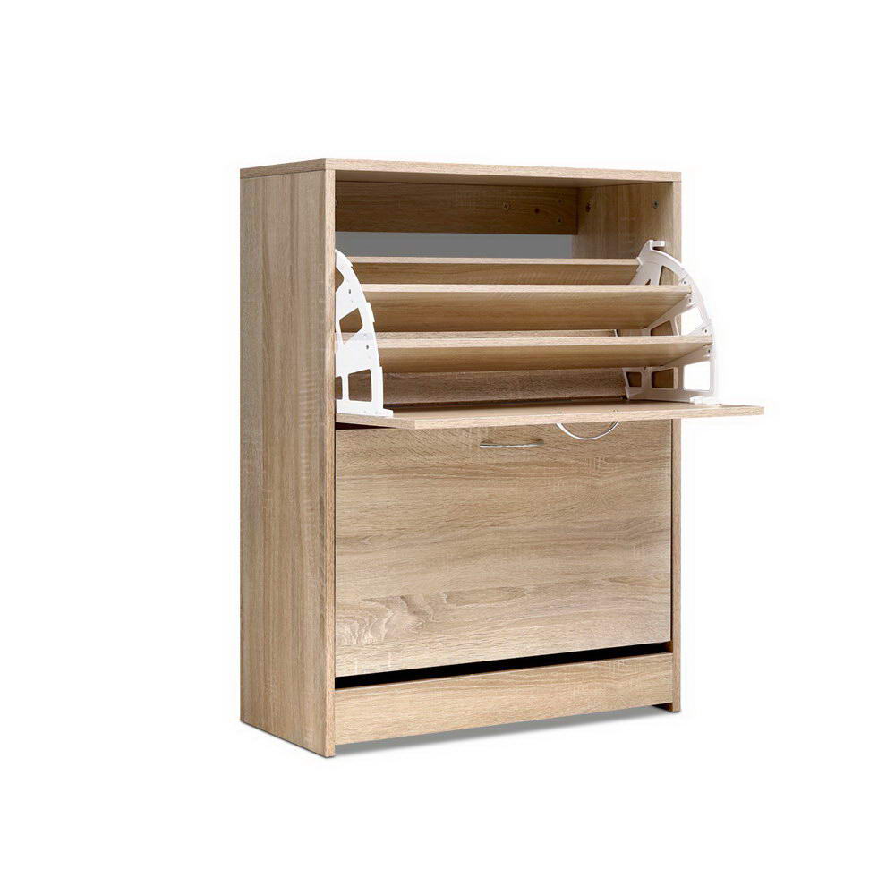Wood shoe rack cabinet with three open shelves and drawer-style base