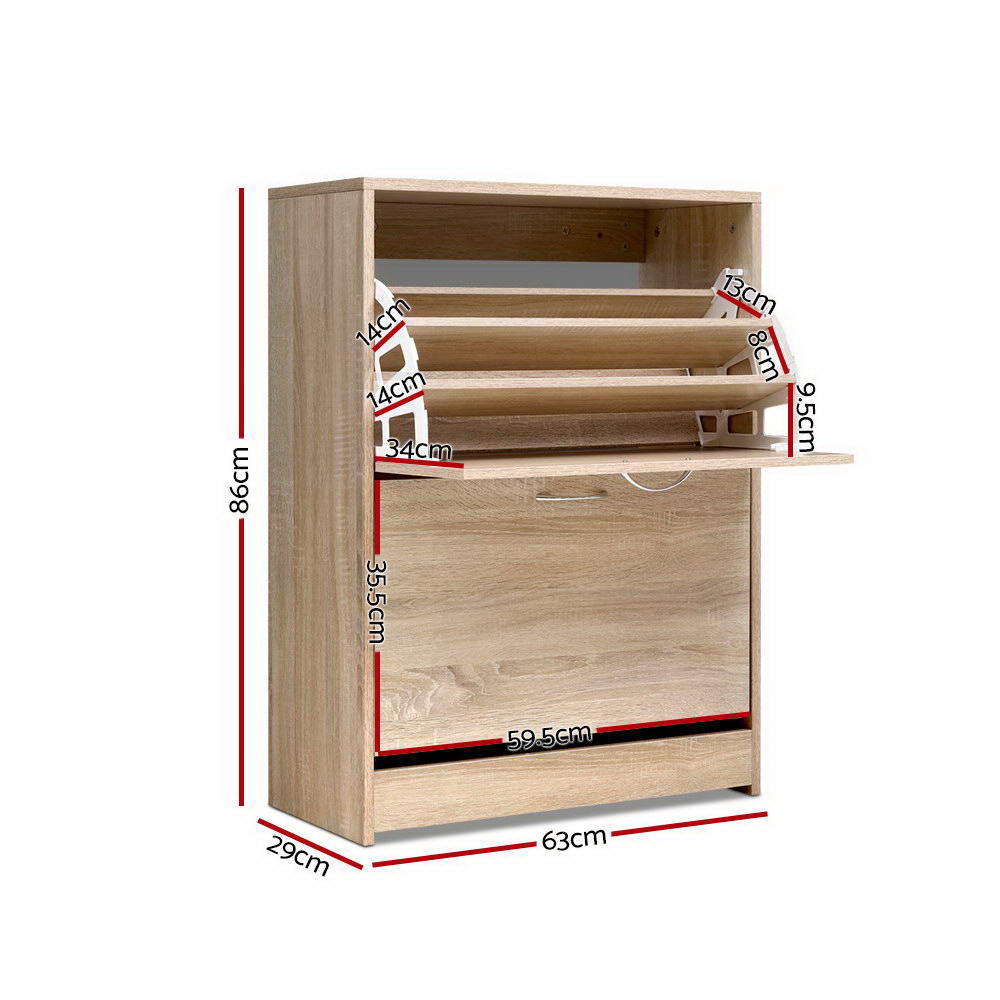 Wood shoe rack cabinet with illustrated size dimensions