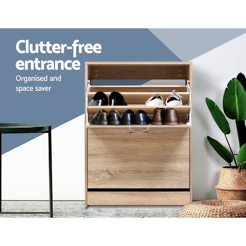 Wood shoe rack cabinet with open three-tier shelves holding shoes