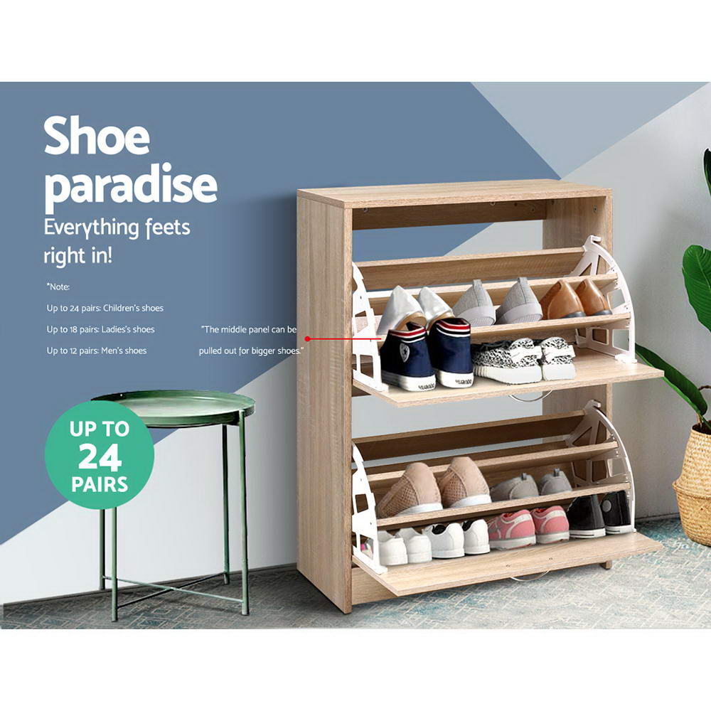 Wood shoe rack cabinet with three-tier shelves for multiple pairs