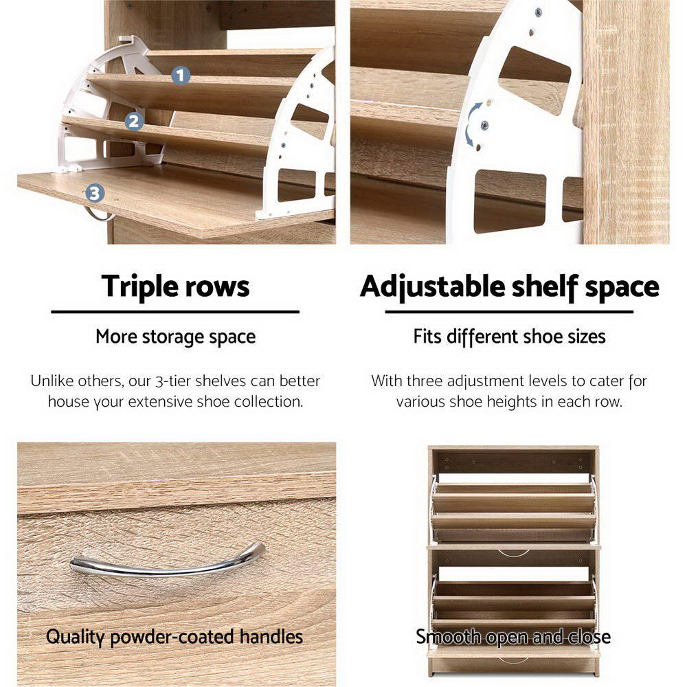 3-tier shoe rack cabinet showing adjustable shelf rails and open shelves