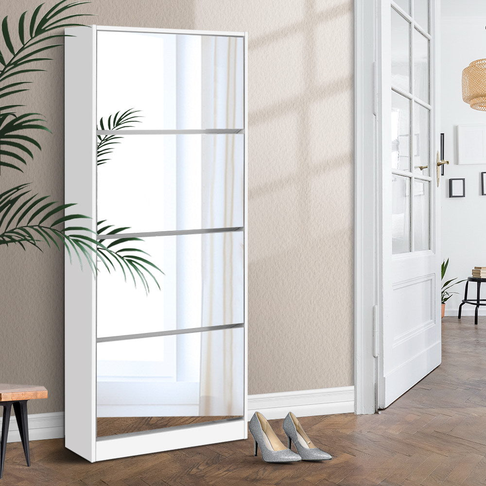 Artiss Shoe Rack Cabinet Mirror 60 Pairs White Rira Bedworld