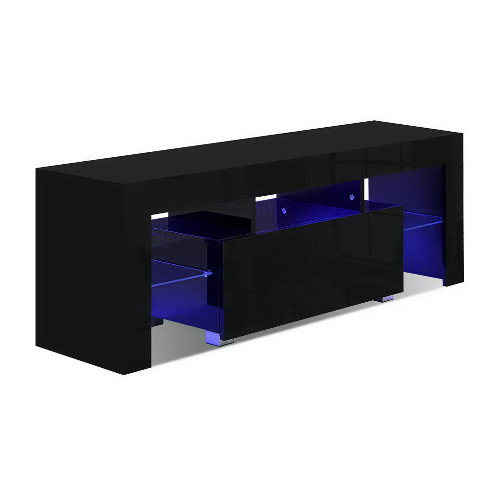 Black TV cabinet with LED-lit compartments and wide central media opening