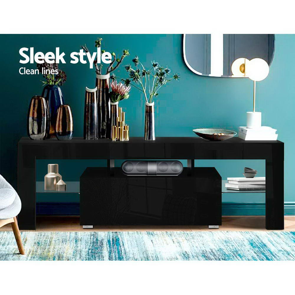 Black TV console with open storage shelves and LED interior lighting