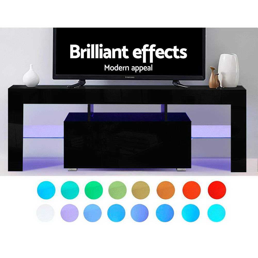Black TV cabinet with LED lights and color option dots displayed