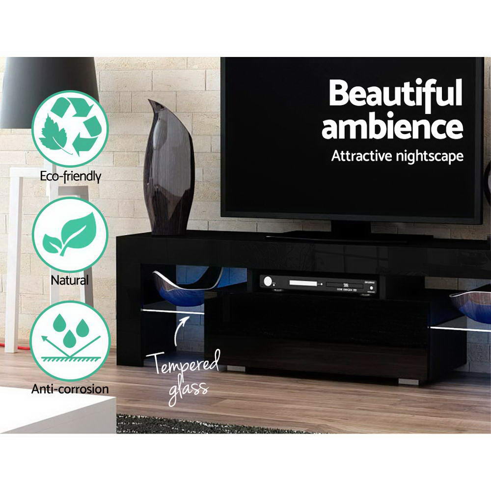 Black TV cabinet with LED ambient glow and eco-friendly feature icons