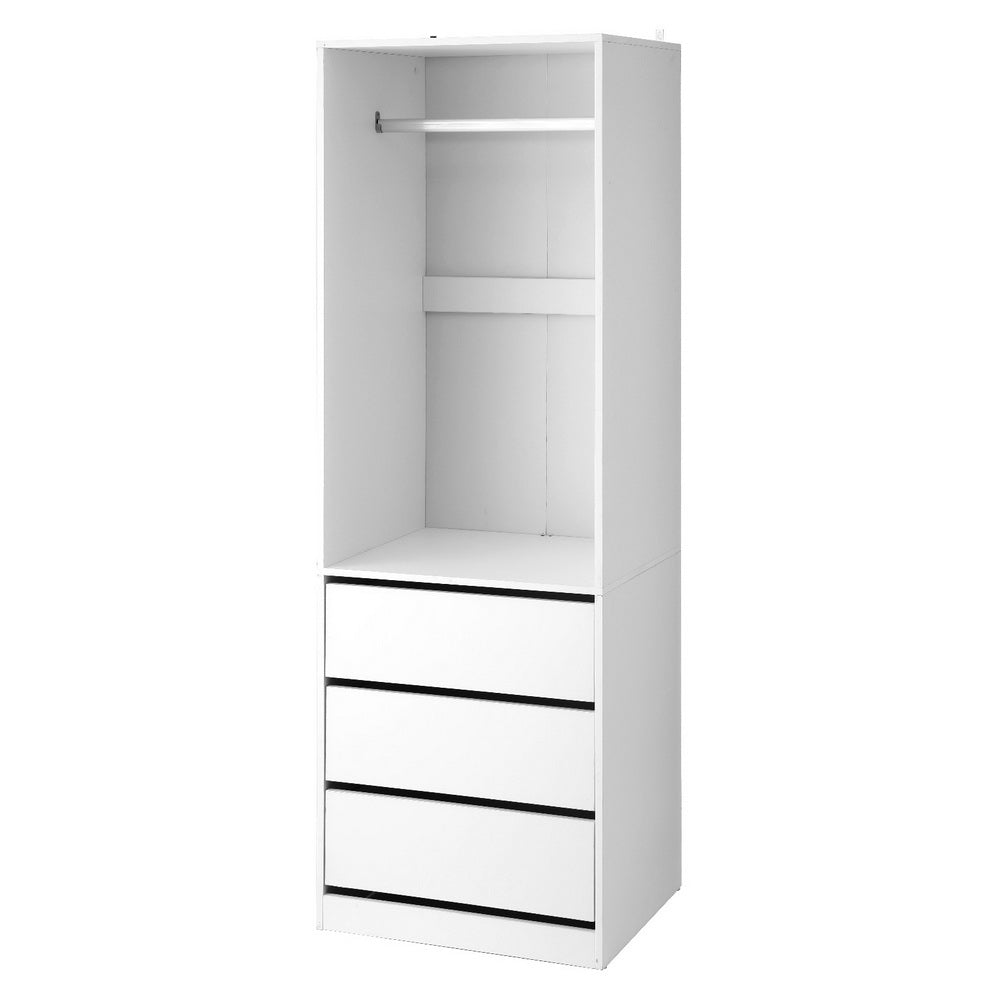 White wardrobe cabinet with open shelves and three black-trim drawers