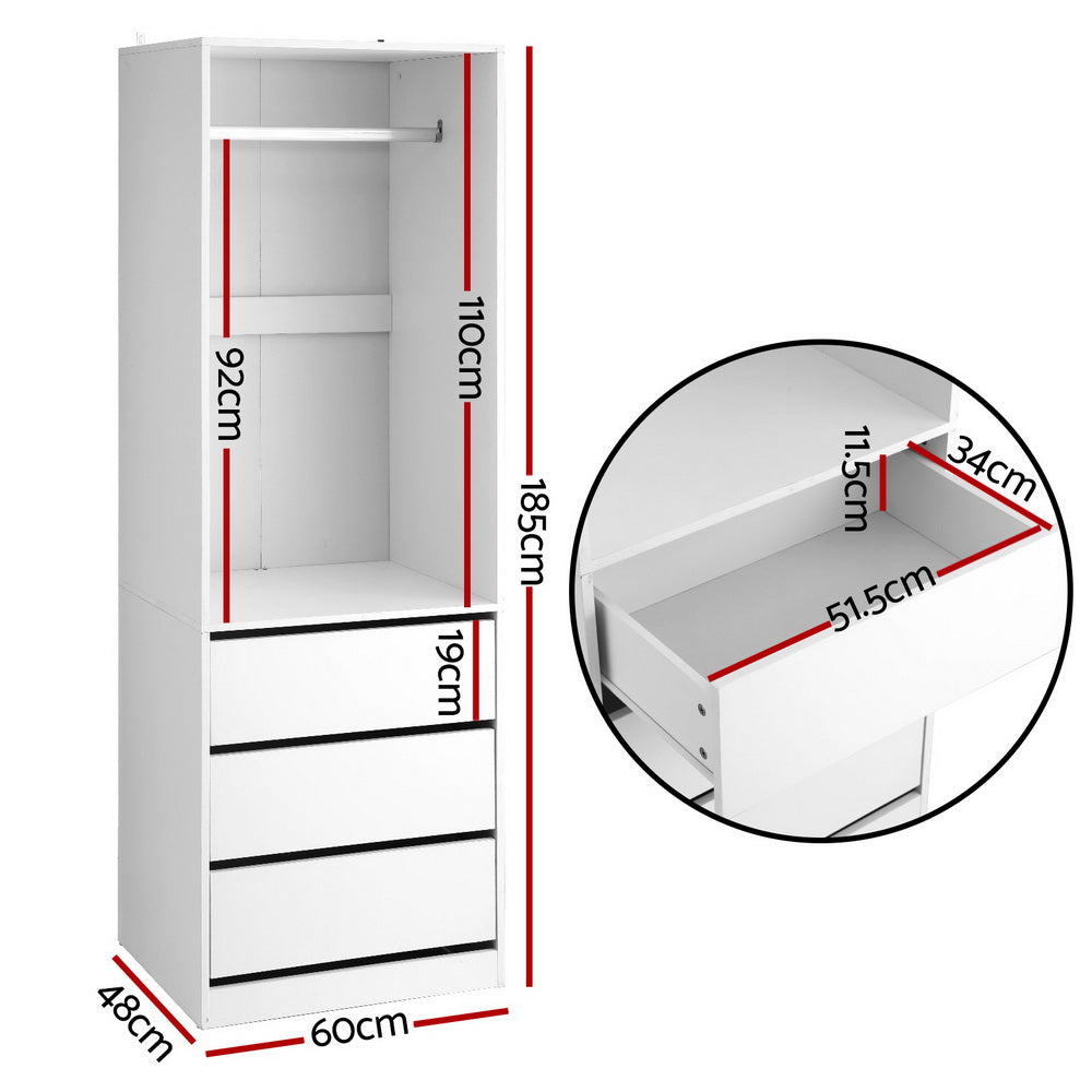 White wardrobe cabinet inside view with shelves and three drawer compartments