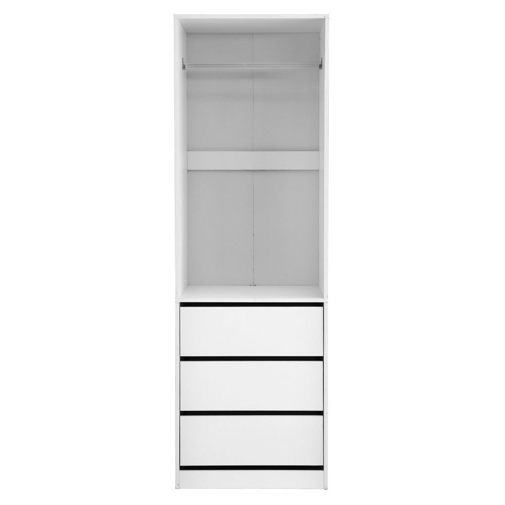 White wardrobe cabinet with open door showing top shelf and three drawers