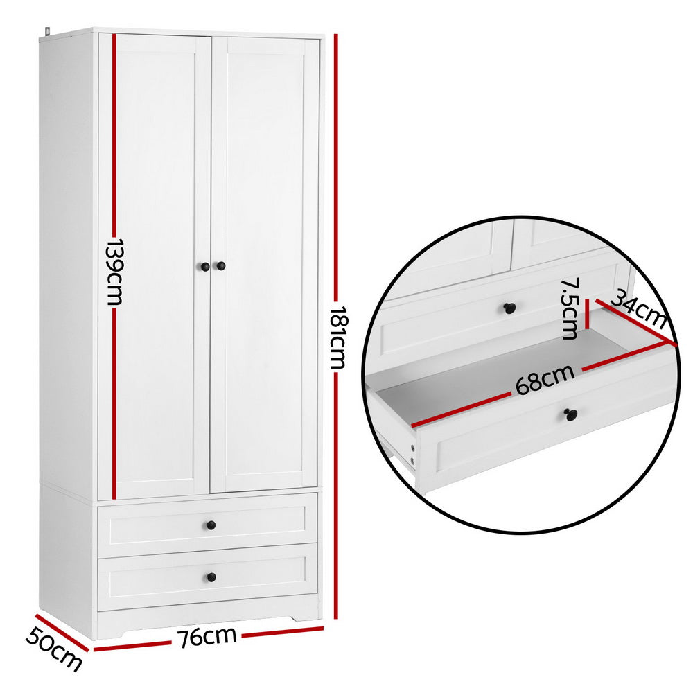 White wardrobe with two doors and two drawers, with height and width measurement labels