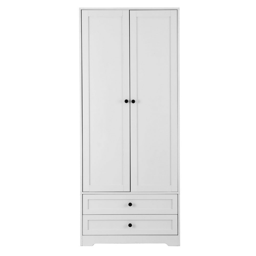 White wardrobe with two doors and two drawers, closed front view