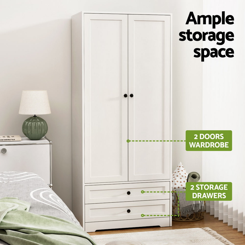 White wardrobe with two doors and two drawers, front view