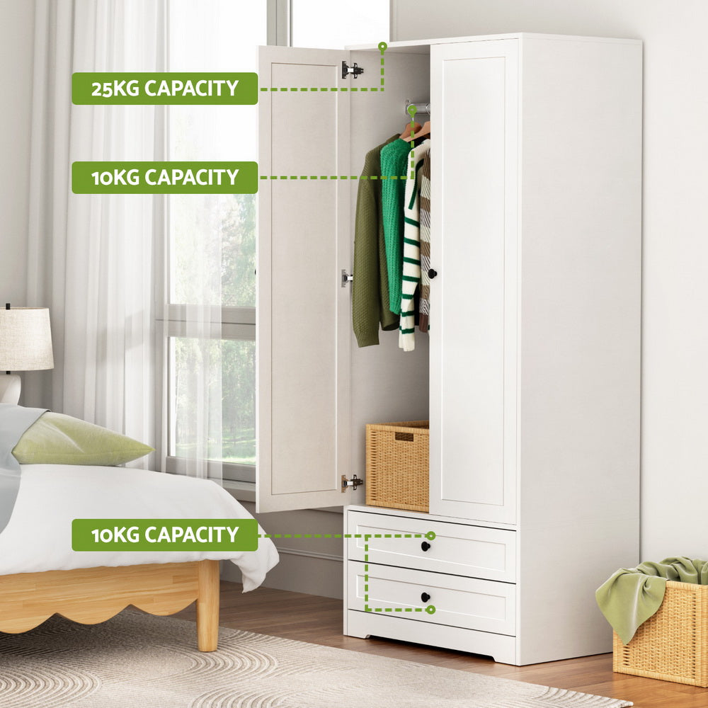 White wardrobe with hanging rail and two drawers, with capacity indicators shown