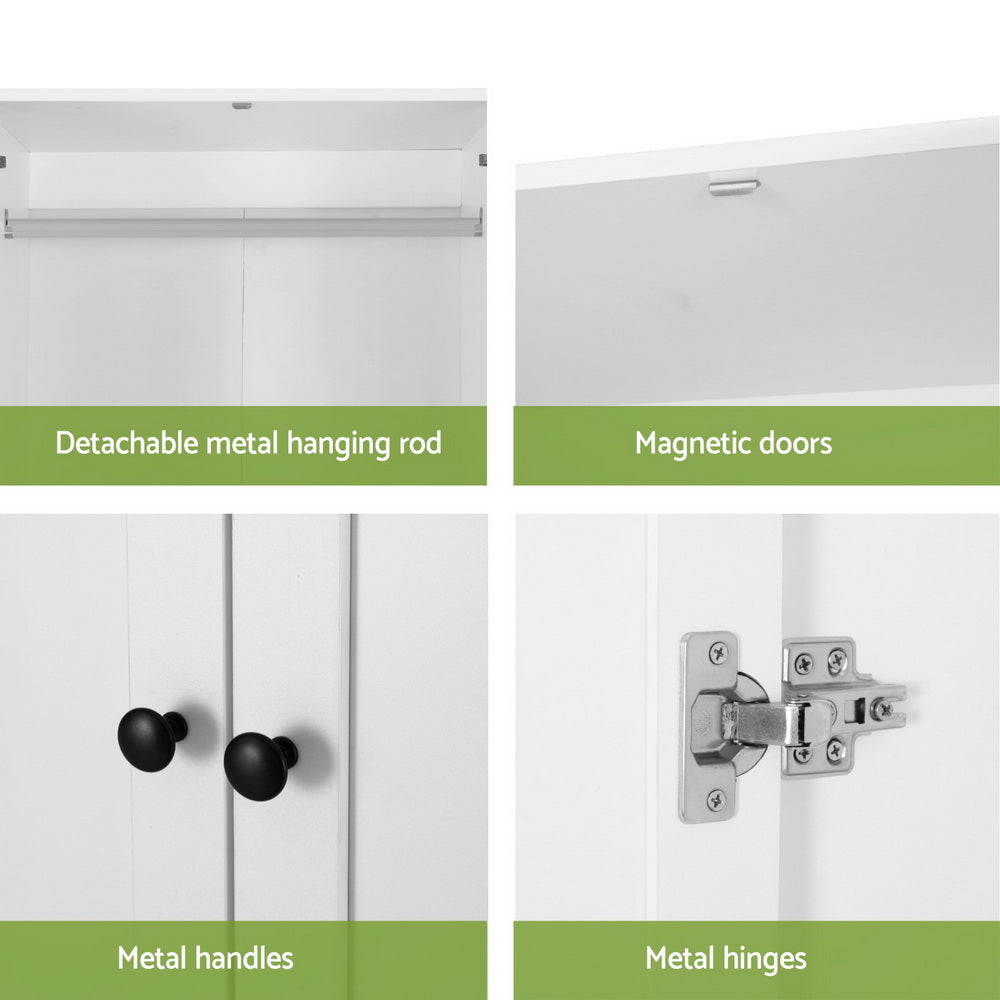 White wardrobe details: detachable hanging rod, magnetic doors, metal hinges