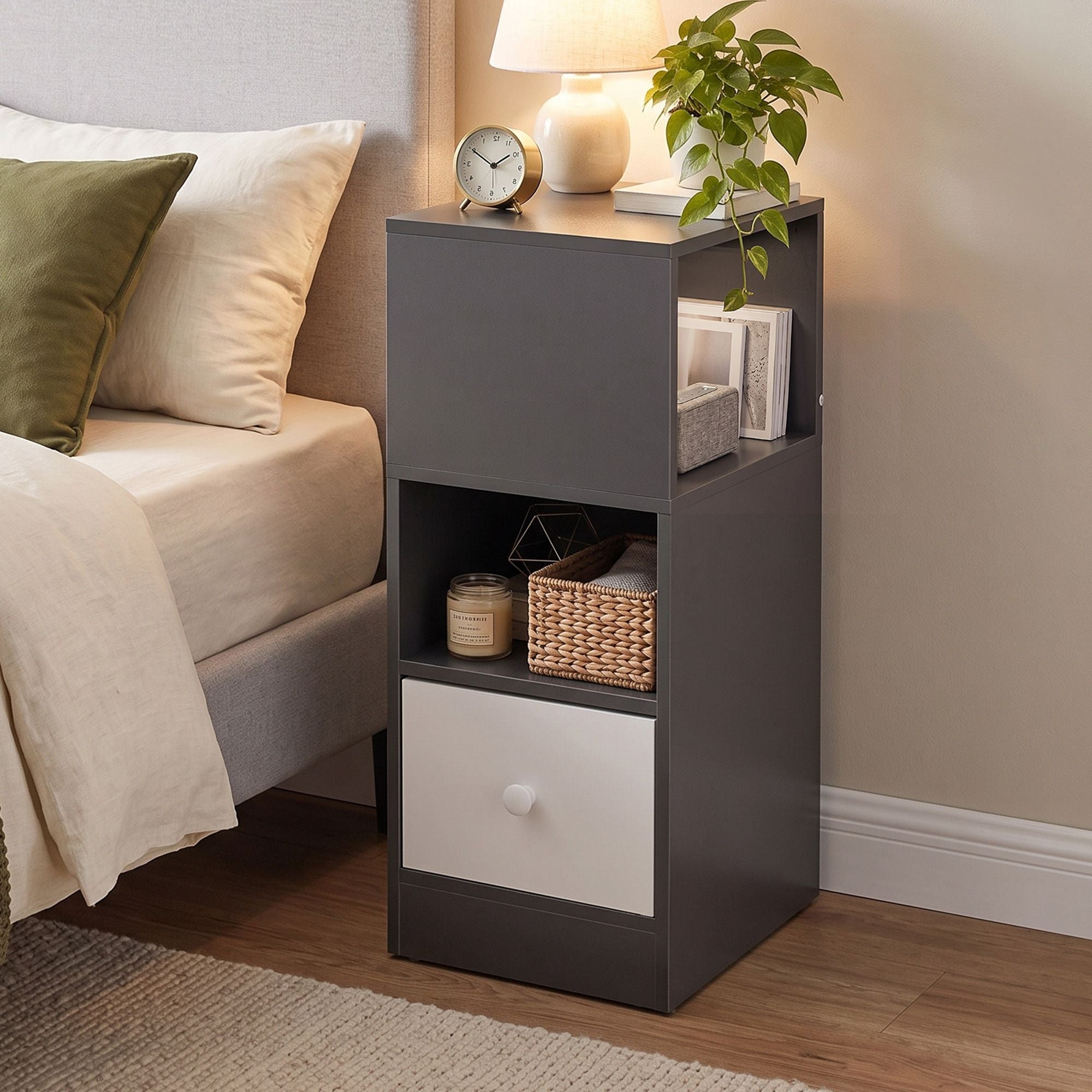 Artiss Narrow Bedside Table Grey Small Side Cabinet 1 Drawer Bedworld