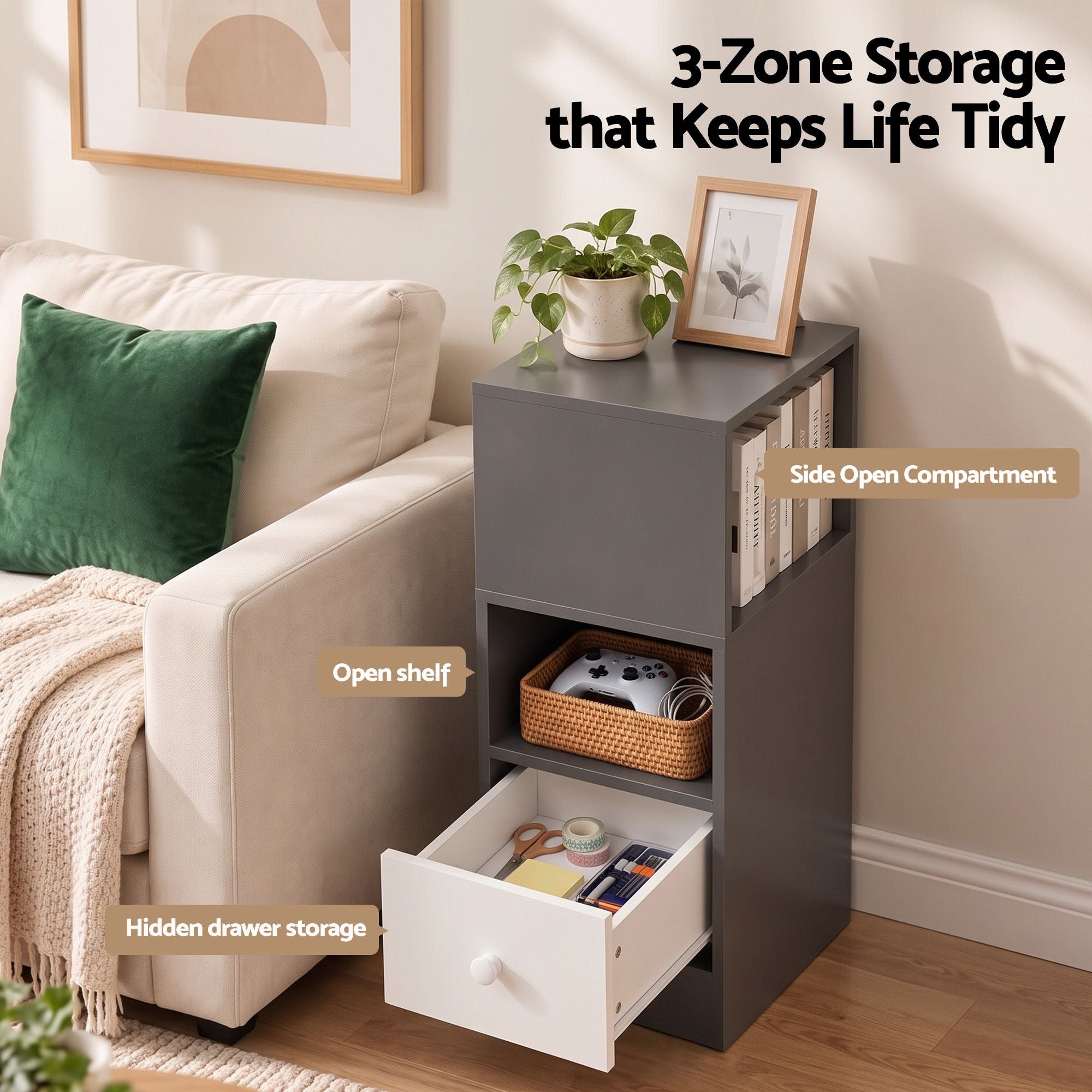 Artiss Narrow Bedside Table Grey Small Side Cabinet 1 Drawer Bedworld