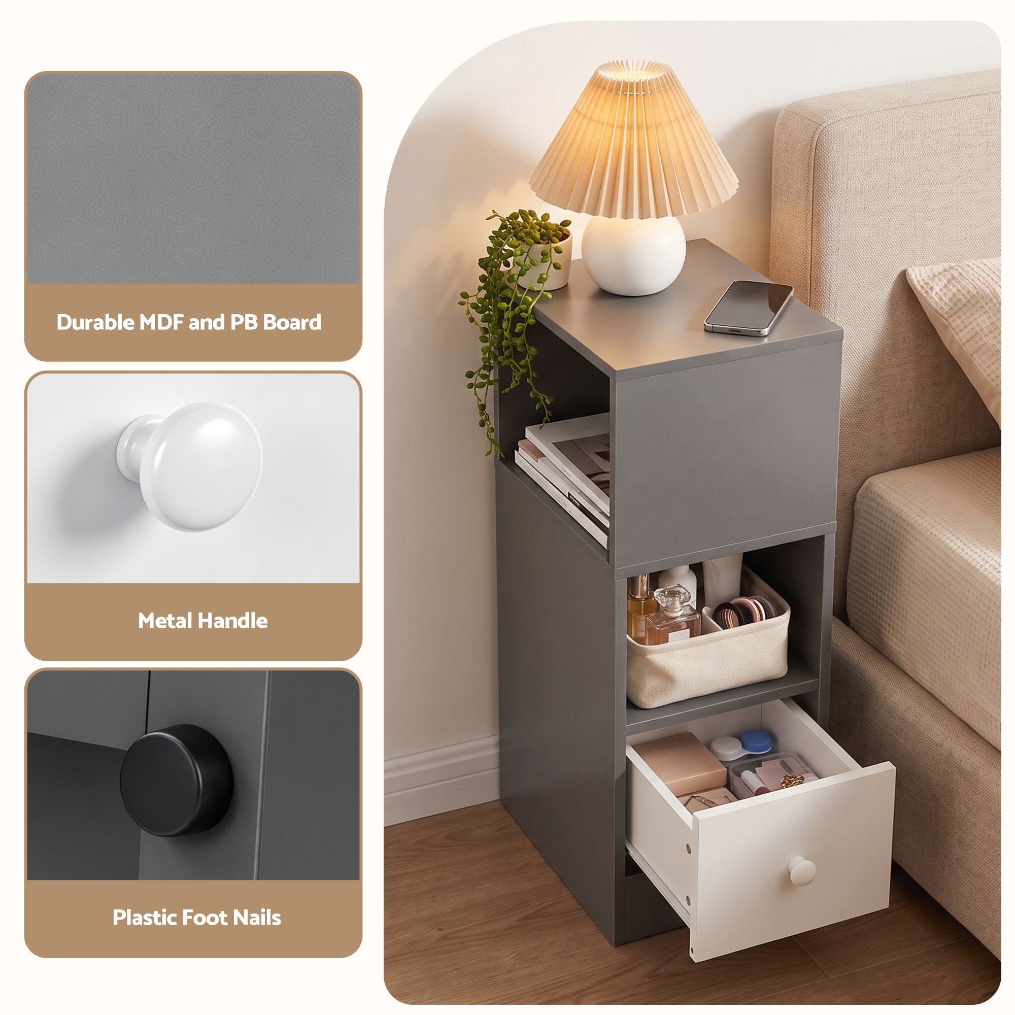 Artiss Narrow Bedside Table Grey Small Side Cabinet 1 Drawer Bedworld