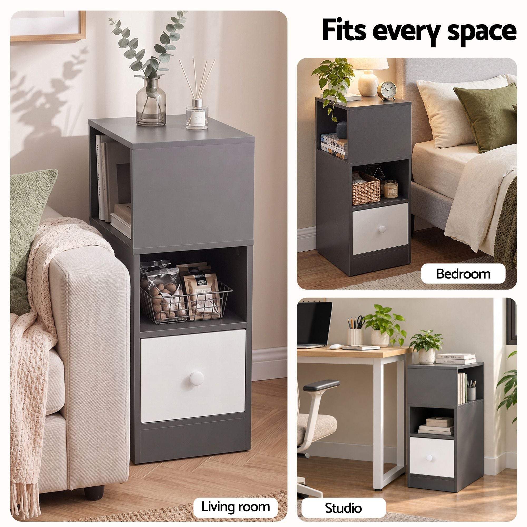 Artiss Narrow Bedside Table Grey Small Side Cabinet 1 Drawer Bedworld