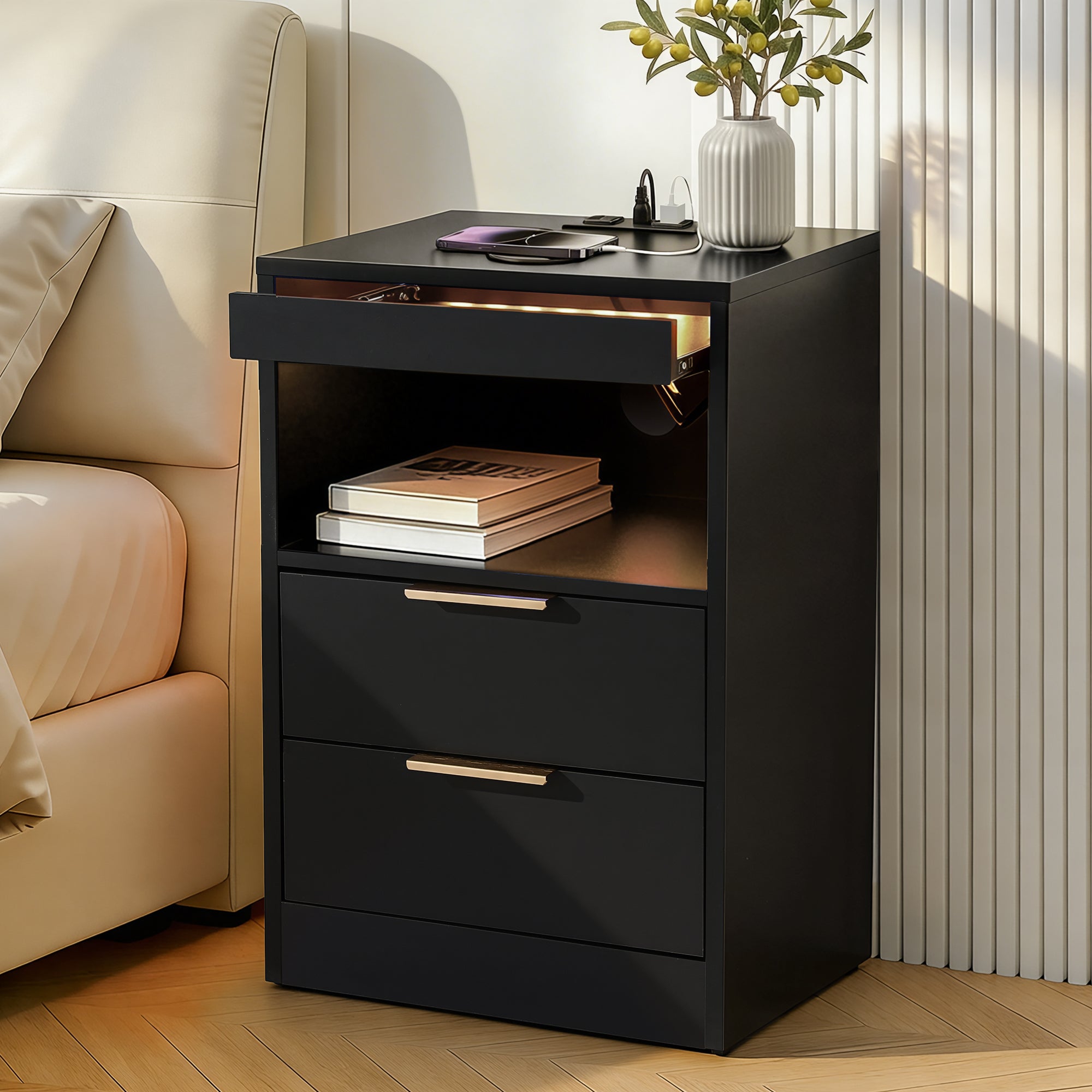 Artiss Bedside Table LED Nightstand Charging Station 2 Drawers - Black Bedworld