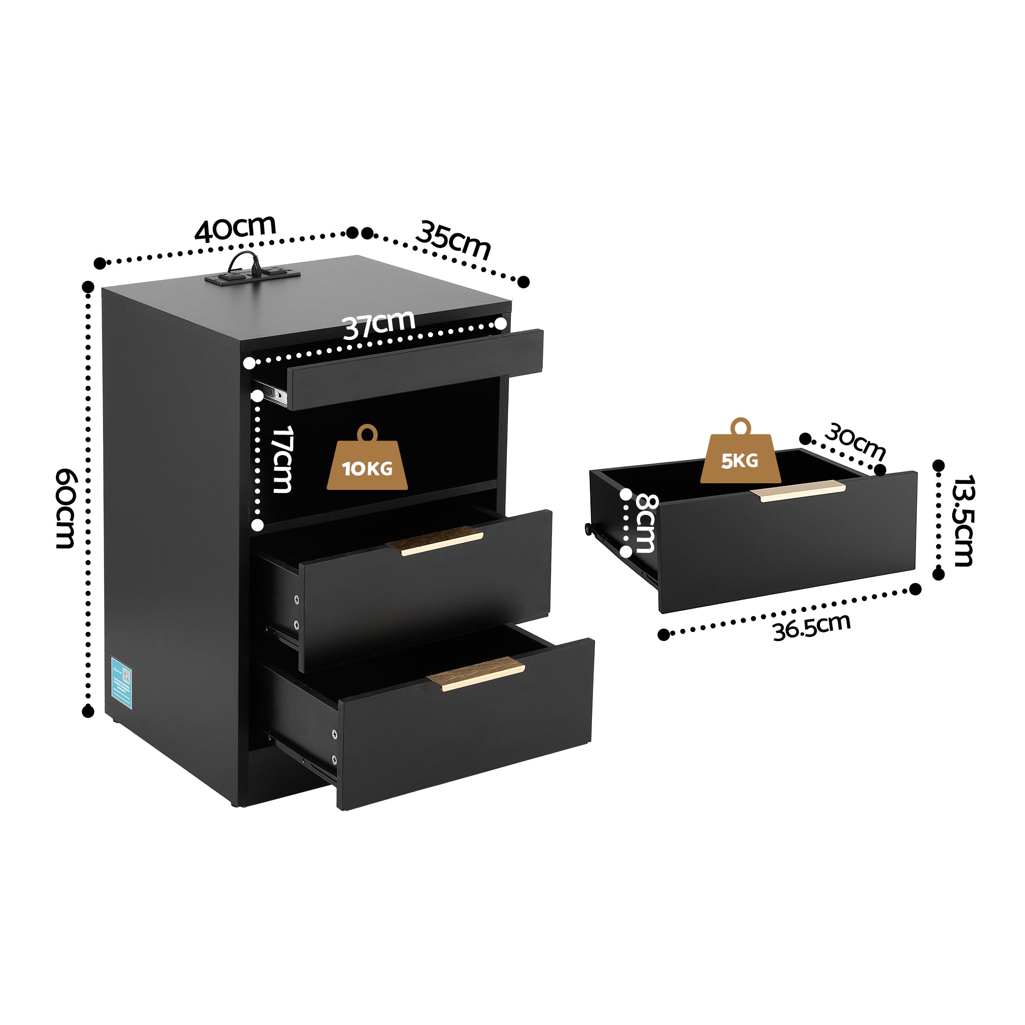 Artiss Bedside Table LED Nightstand Charging Station 2 Drawers - Black Bedworld