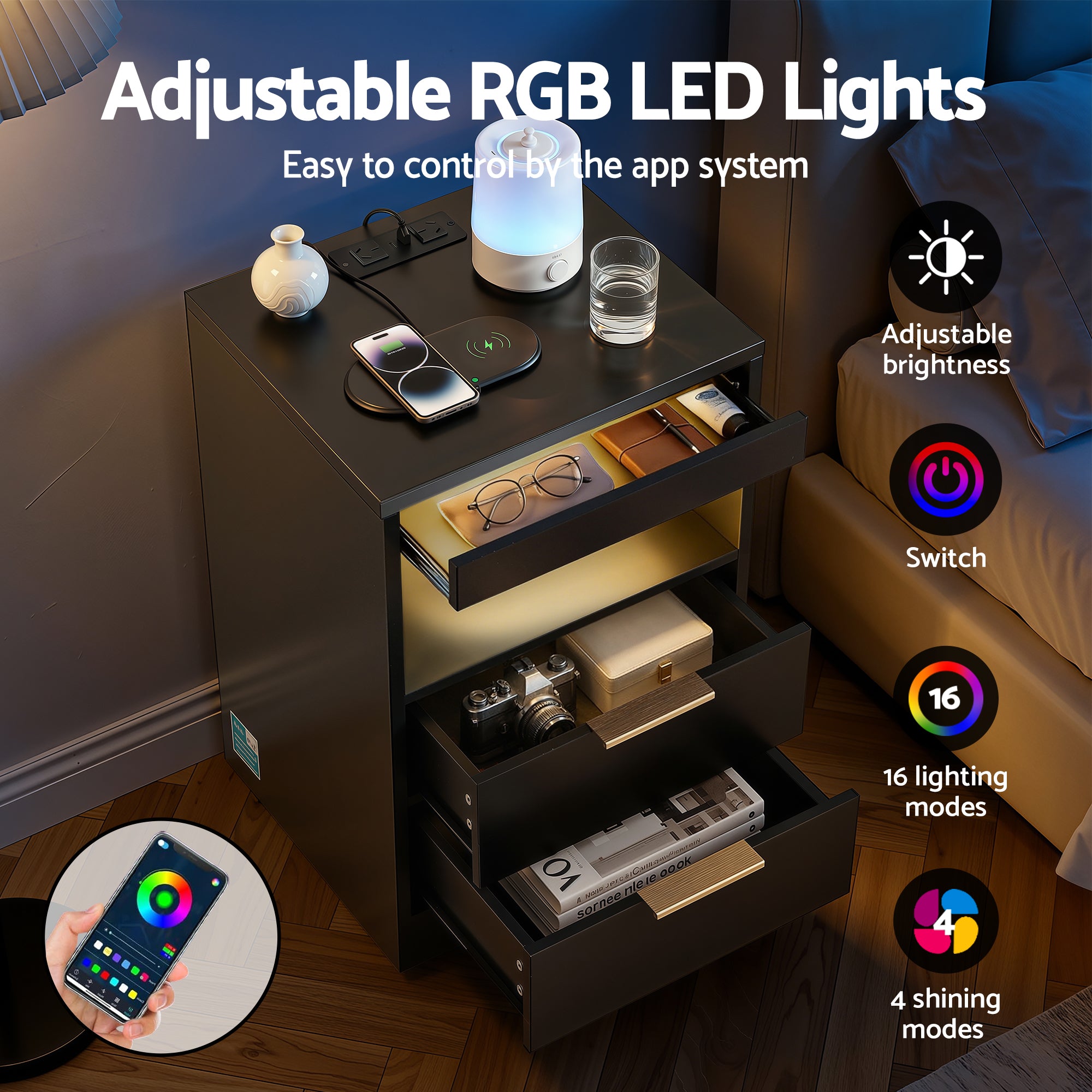 Artiss Bedside Table LED Nightstand Charging Station 2 Drawers - Black Bedworld
