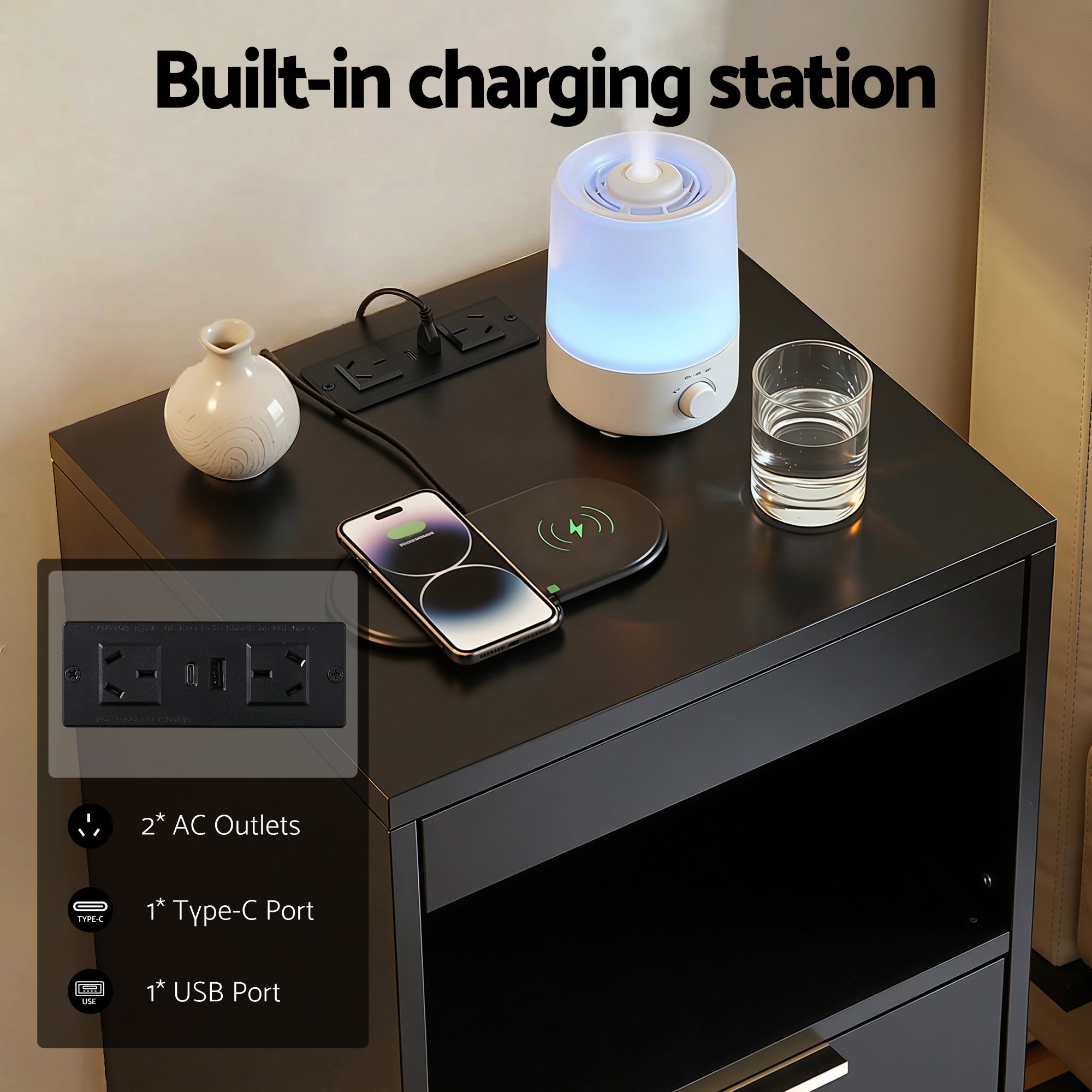 Artiss Bedside Table LED Nightstand Charging Station 2 Drawers - Black Bedworld