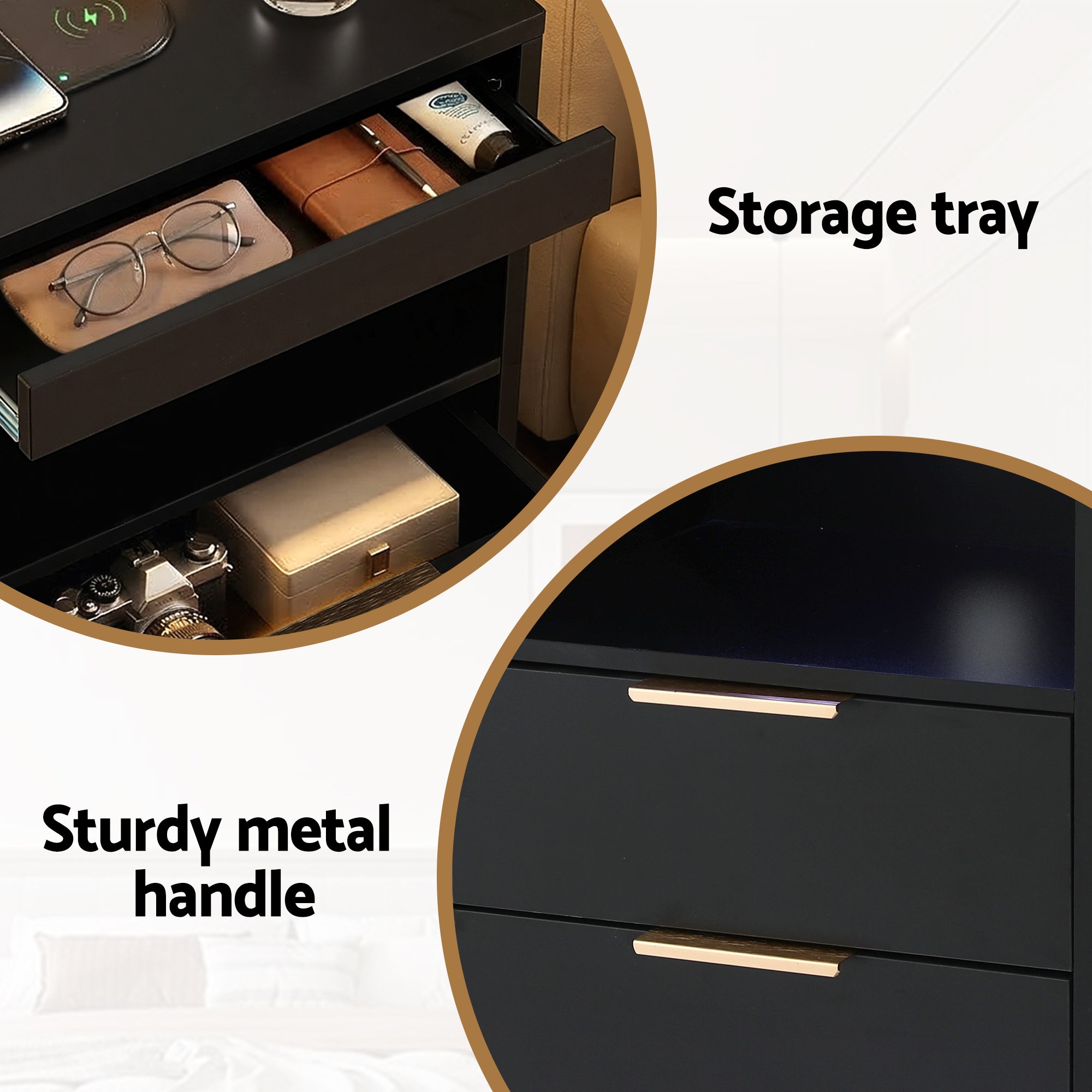 Artiss Bedside Table LED Nightstand Charging Station 2 Drawers - Black Bedworld