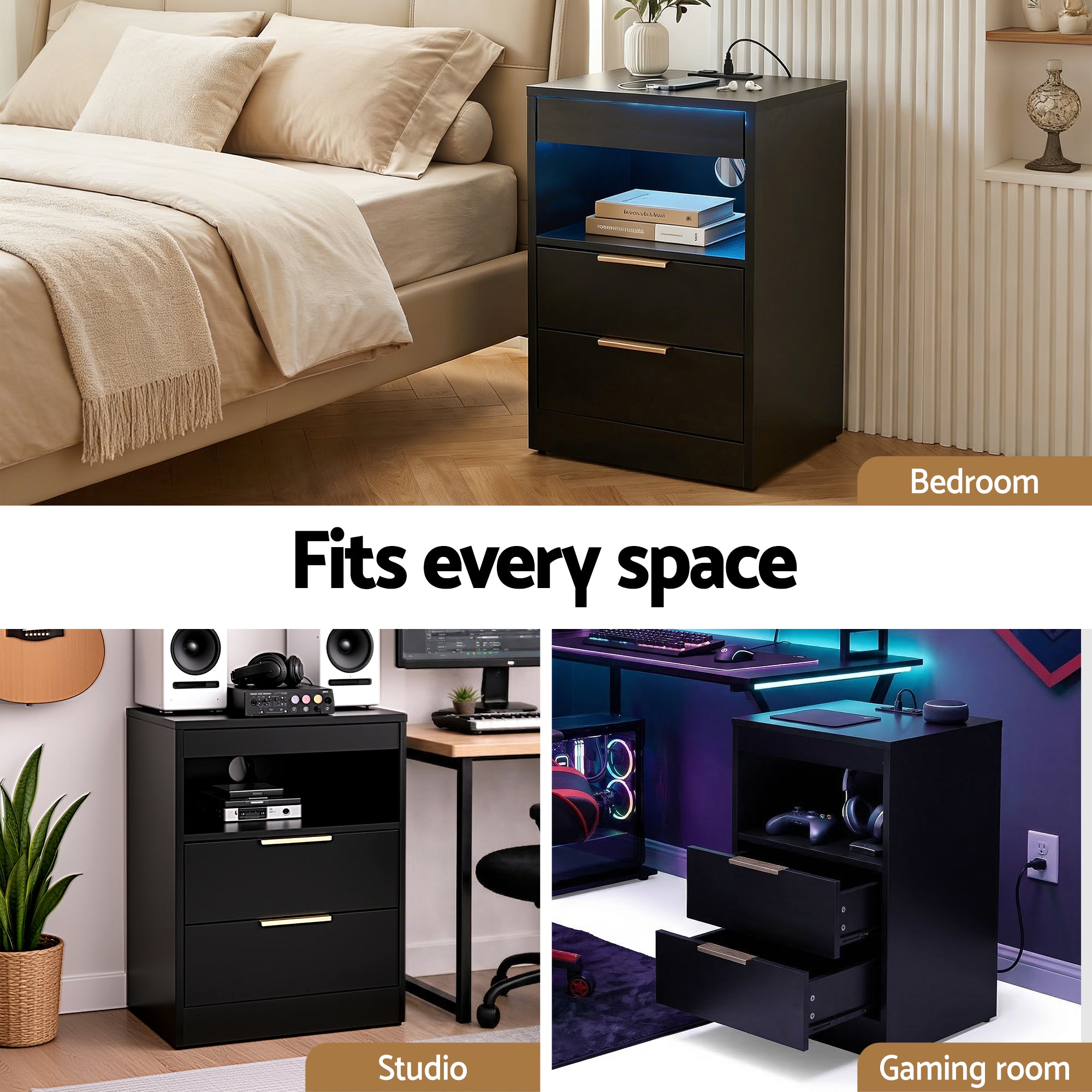 Artiss Bedside Table LED Nightstand Charging Station 2 Drawers - Black Bedworld