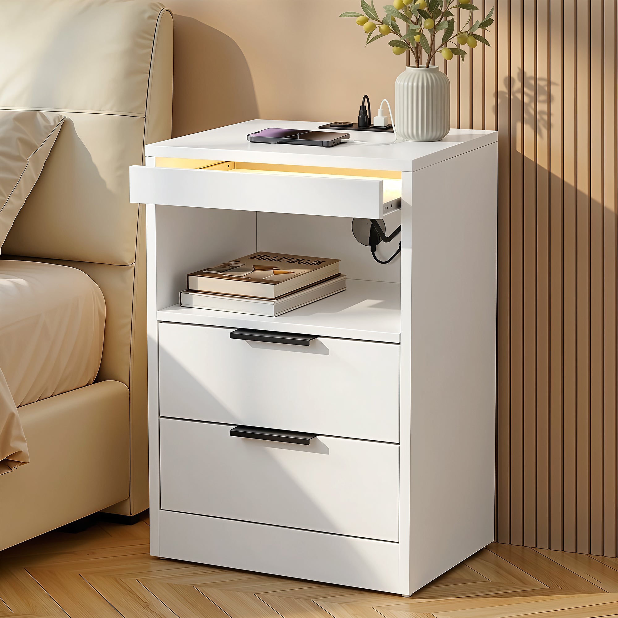 Artiss Bedside Table LED Nightstand Charging Station 2 Drawers - White Bedworld