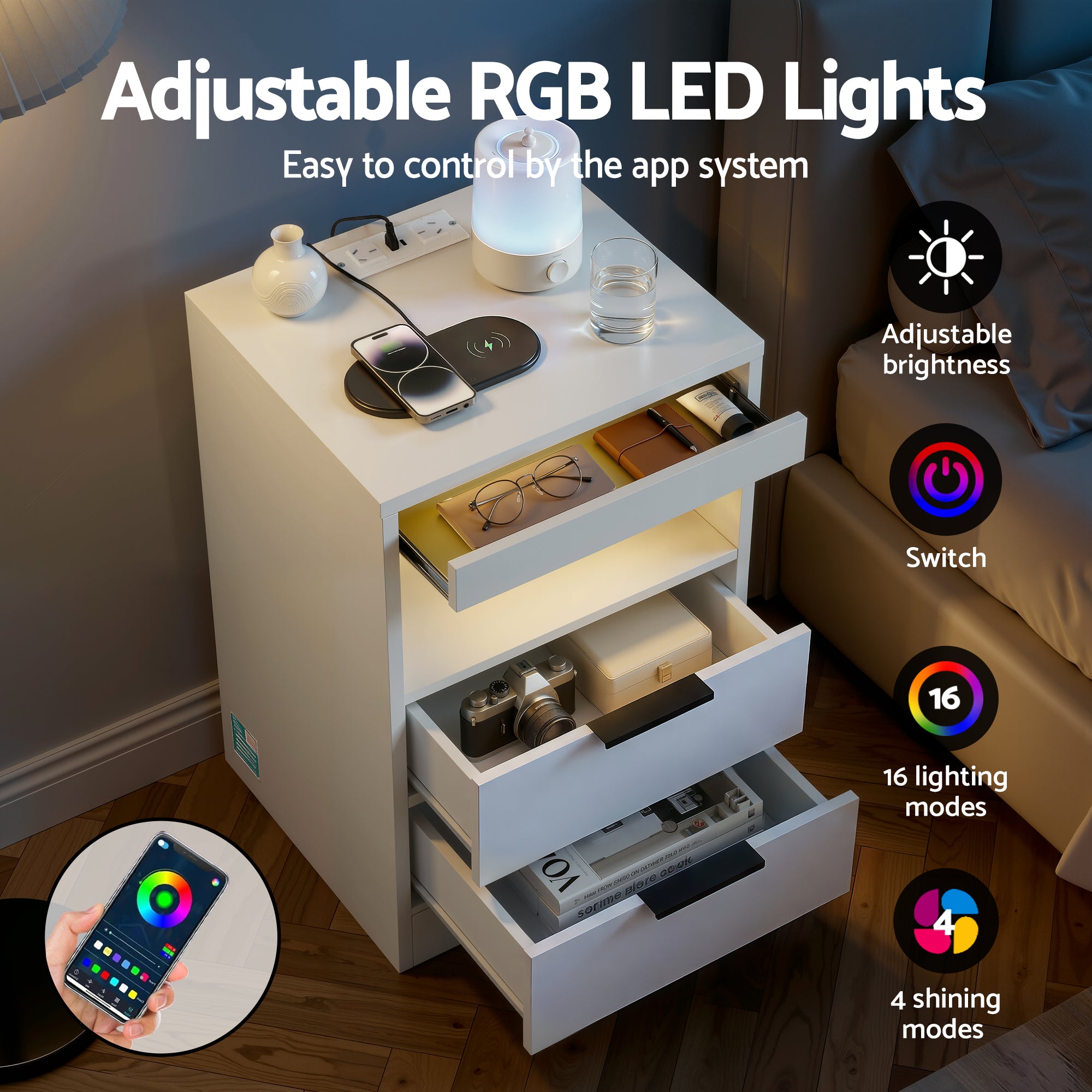 Artiss Bedside Table LED Nightstand Charging Station 2 Drawers - White Bedworld