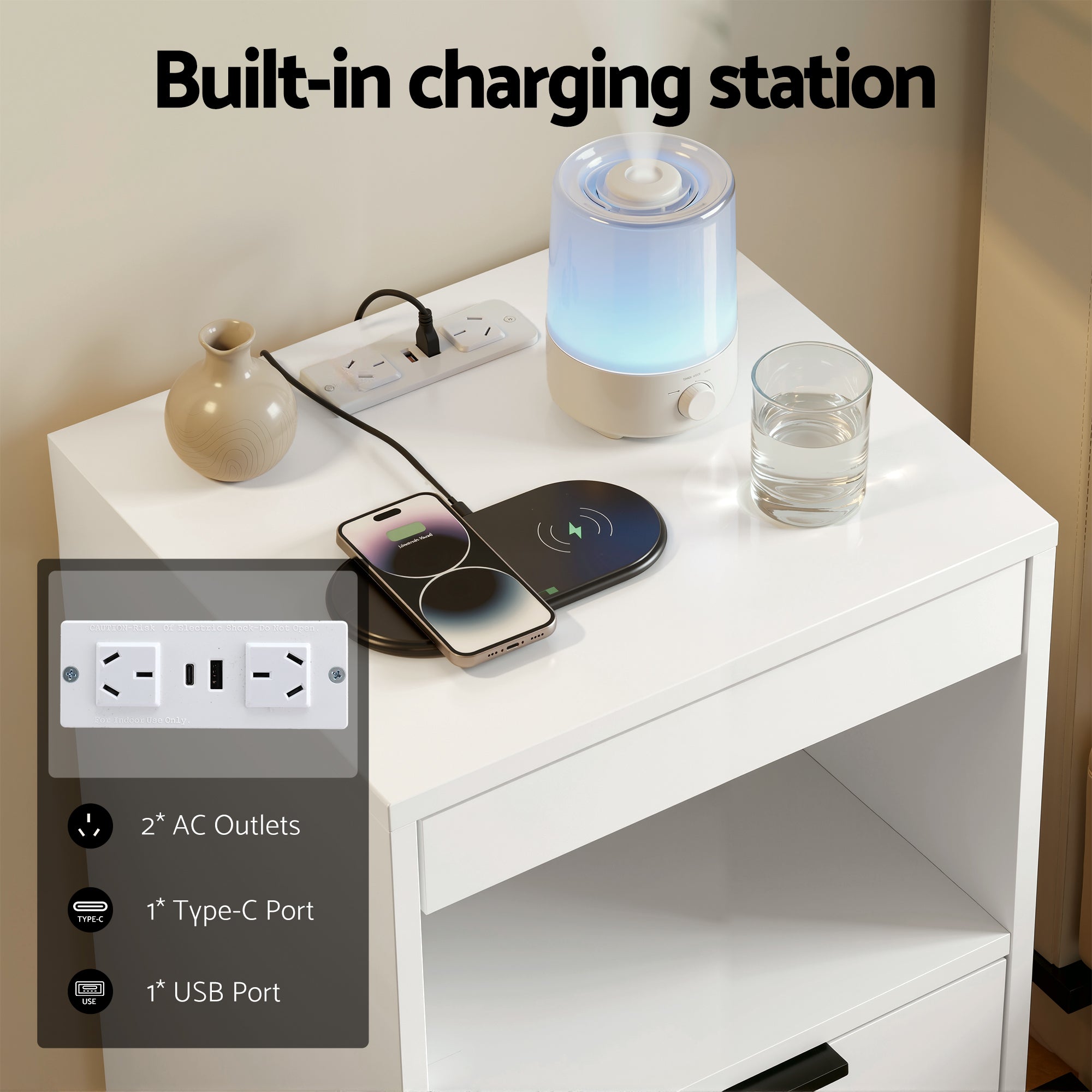 Artiss Bedside Table LED Nightstand Charging Station 2 Drawers - White Bedworld