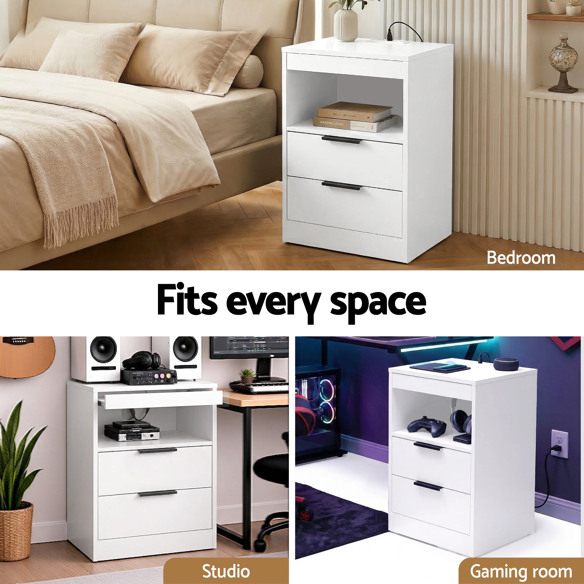 Artiss Bedside Table LED Nightstand Charging Station 2 Drawers - White Bedworld