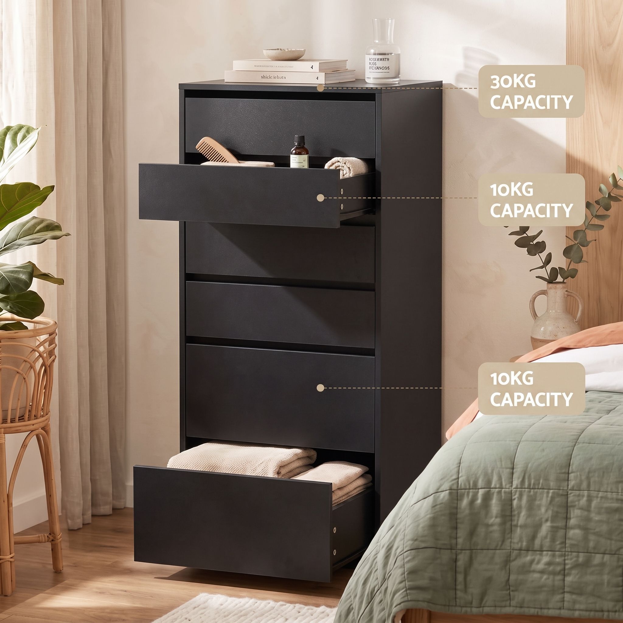Artiss 2x Chest of 6 Drawers Dresser Tallboy Black Bedworld