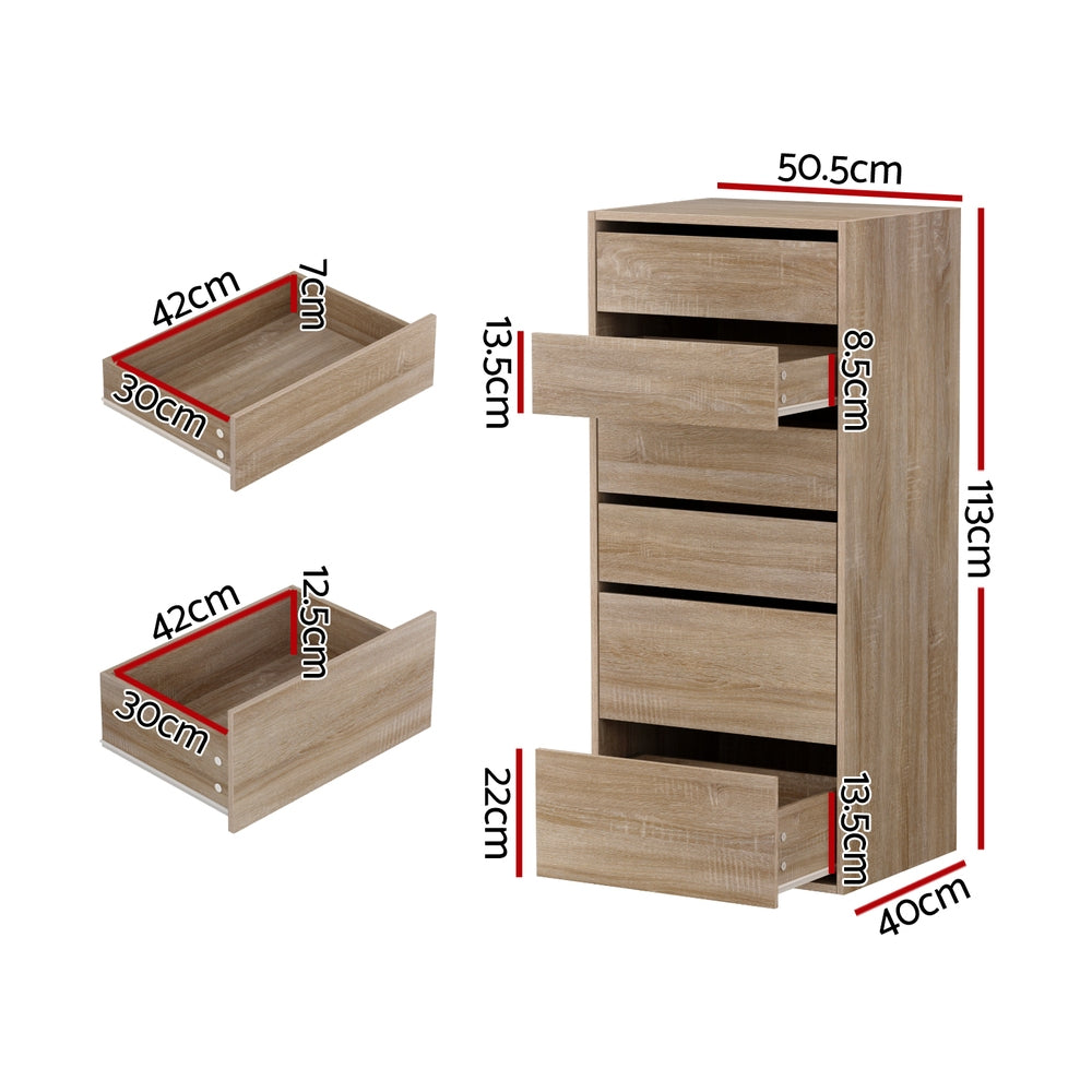 Tallboy dresser with 6 drawers; side view with printed dimensions in cm