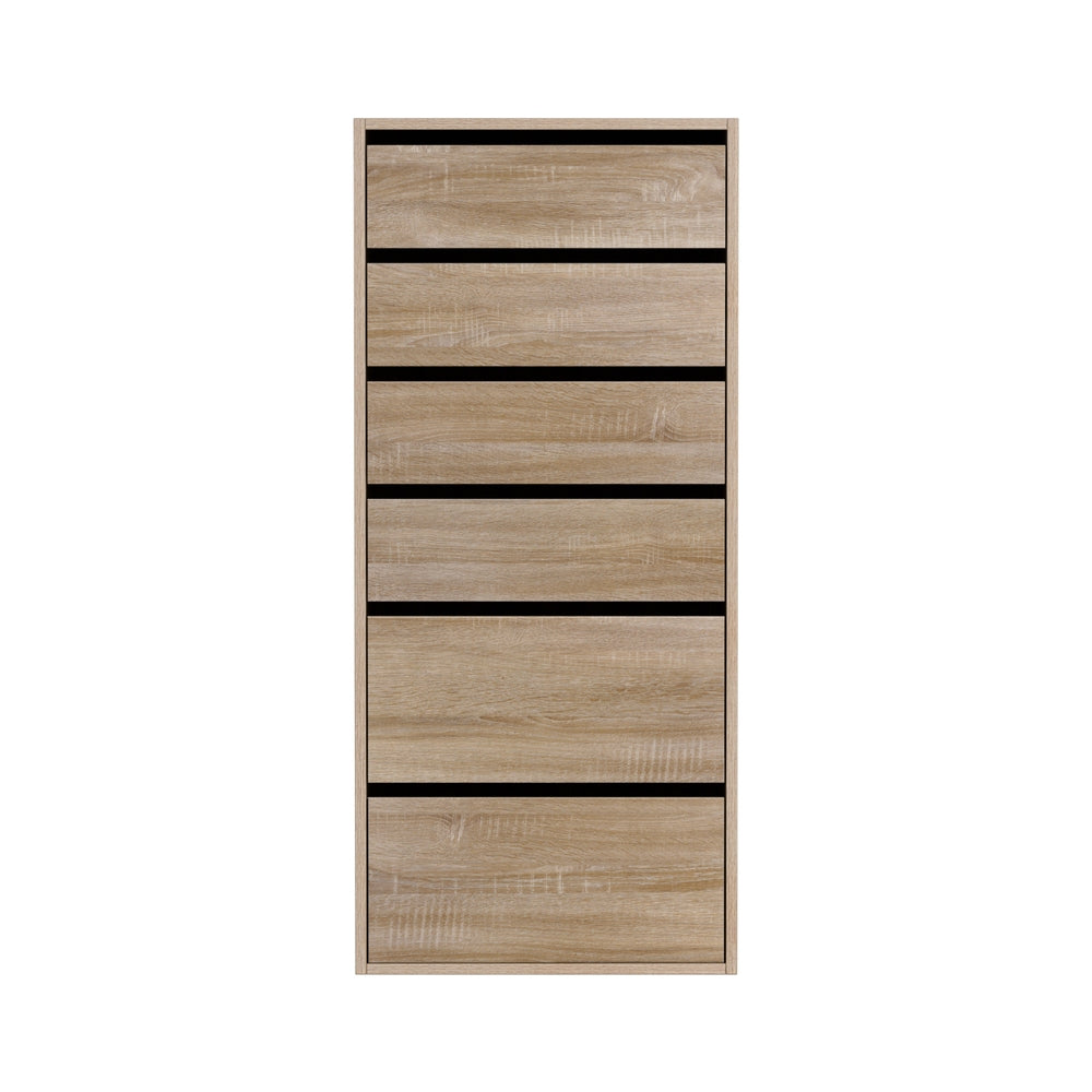 Tall 6-drawer dresser with light woodgrain finish and black drawer fronts