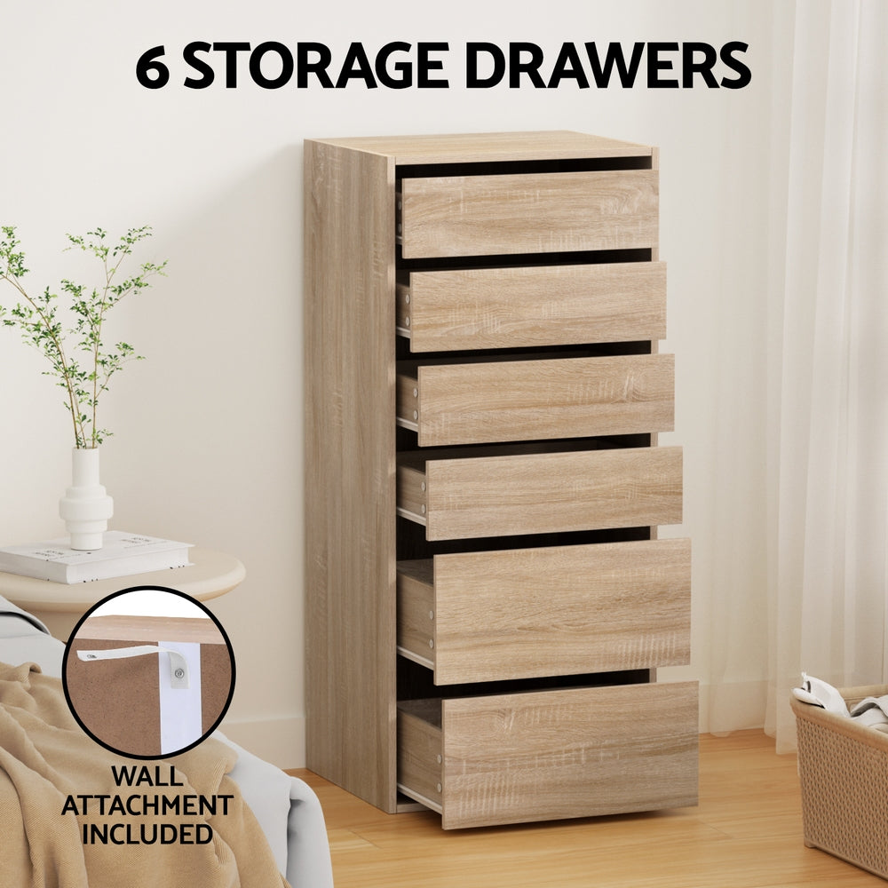 Tallboy dresser with 6 storage drawers, light pine woodgrain and black drawer rails