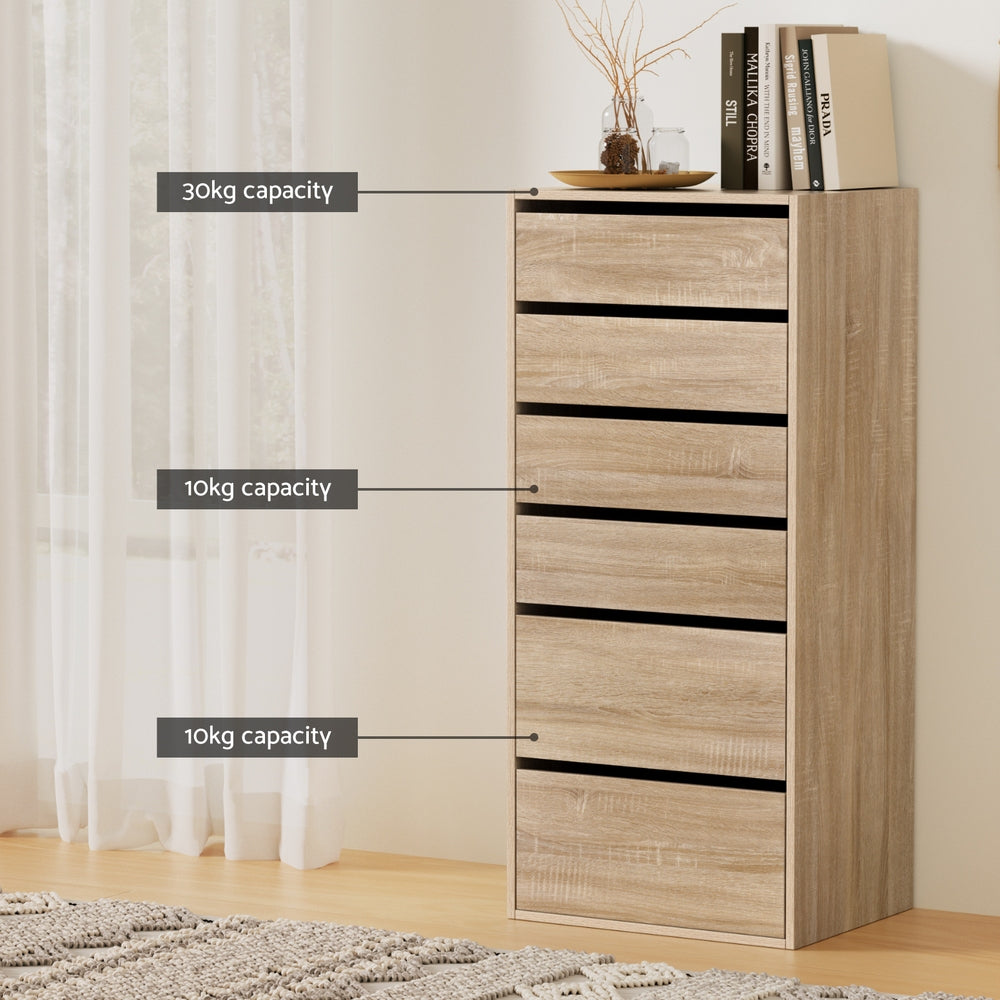 Tallboy dresser with 6 drawers in light pine woodgrain and capacity callouts