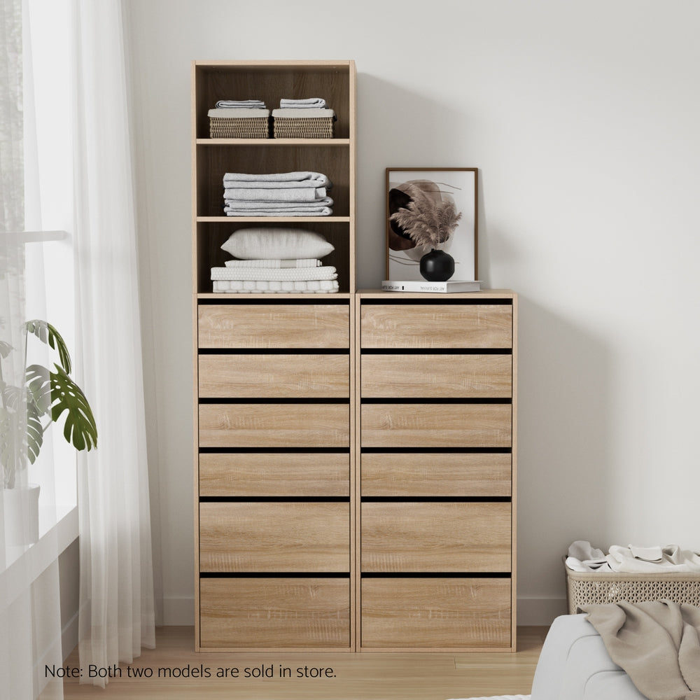Tall dresser with open shelf top and six drawers in light woodgrain finish