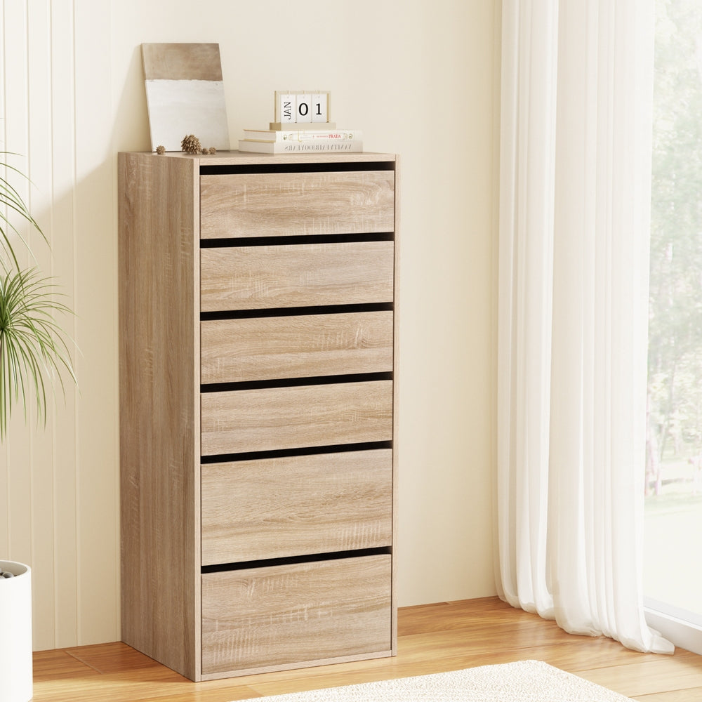 Tallboy 6-drawer dresser in light pine woodgrain with black drawer fronts