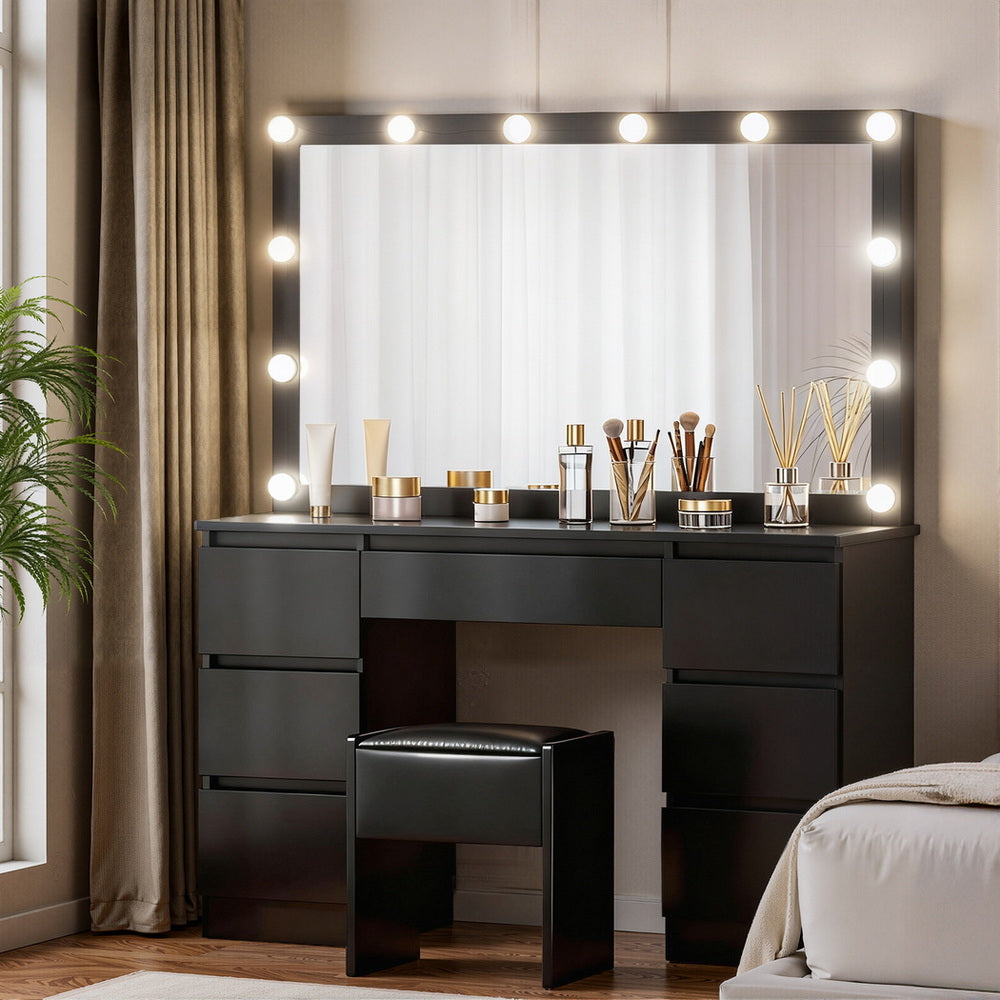 Artiss Dressing Table Vanity Desk Set Stool 12 Led Bulbs Black Bedworld
